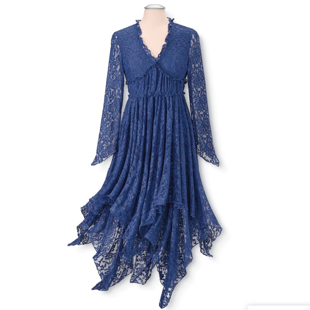 Solid Blue Stretch Lace Dress Plus Size 2X Fully Lined V Neck Pyramid Collection